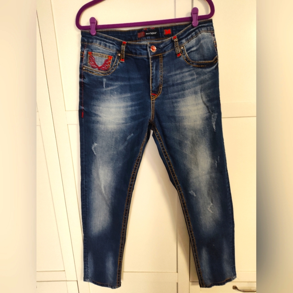 Mondo Men's Jean Unworn Condition Straight Slim Leg Embroidery Sz 34 Inseam 28.5